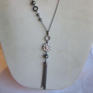Lia Sophia Gunmetal Chain Necklace with Tassel Pendant
